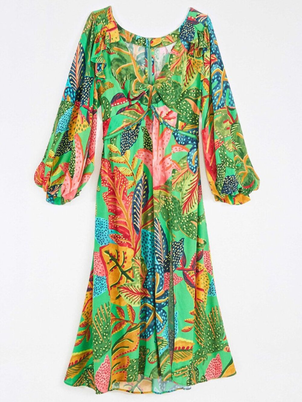 NWT FARM Rio Green Tropical-Print Plunge V-neck Midi Dress